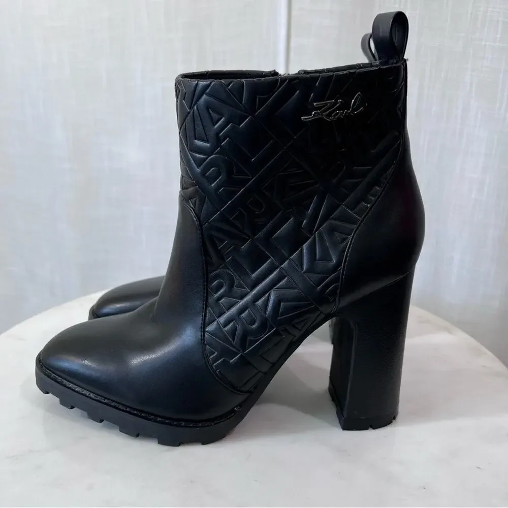 Karl Lagerfeld Ankle Boots Paris Petria Logo Quilted Square Toe Heeled Size 9.5